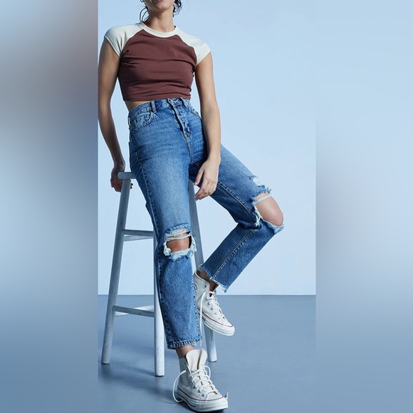 PacSun Eco Medium Blue Distressed High Waisted Straight Leg Ankle Jeans |29| - Picture 1 of 9